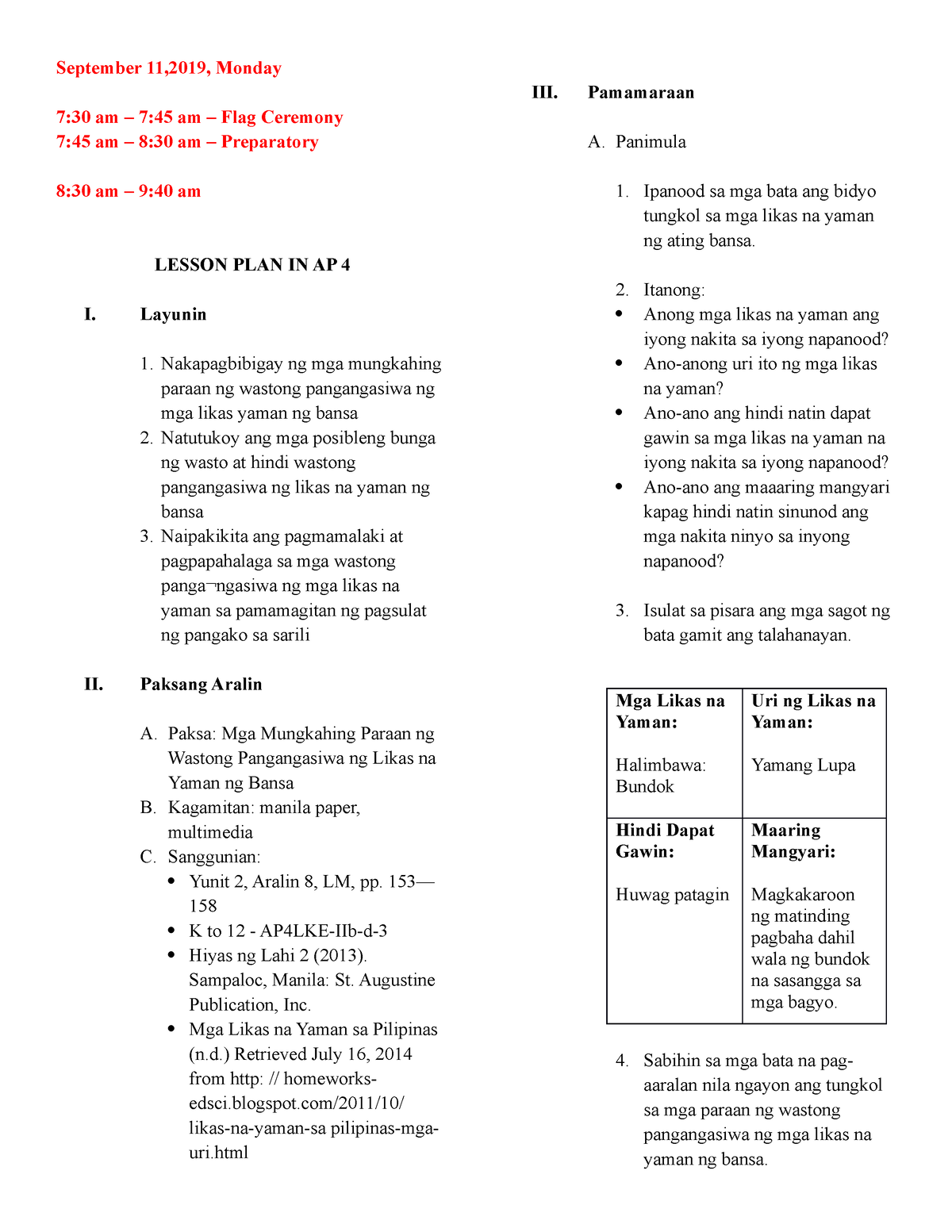 Lesson Plan in Mga Mungkahing Paraan ng Wastong Pangangasiwa ng Likas