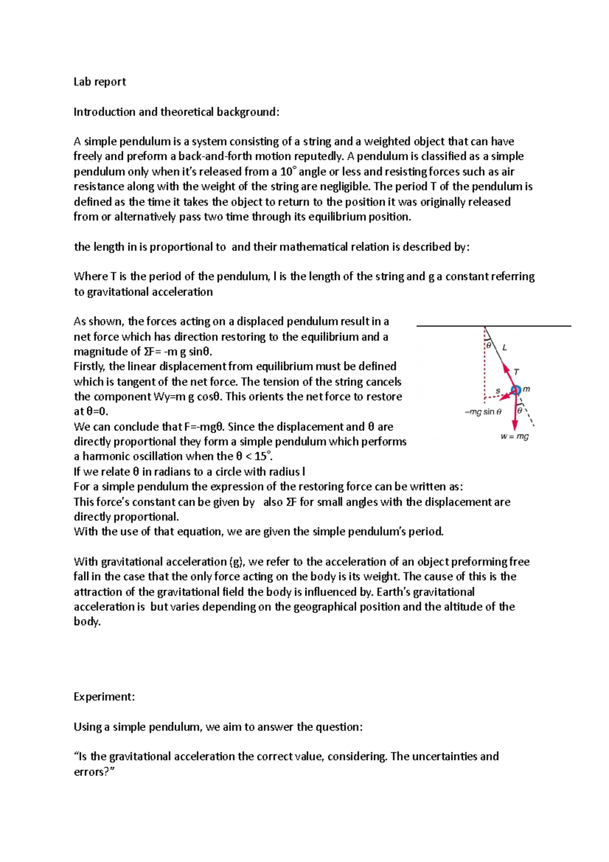 Lab report simple pendulum w referances - Lab report Introduction and ...