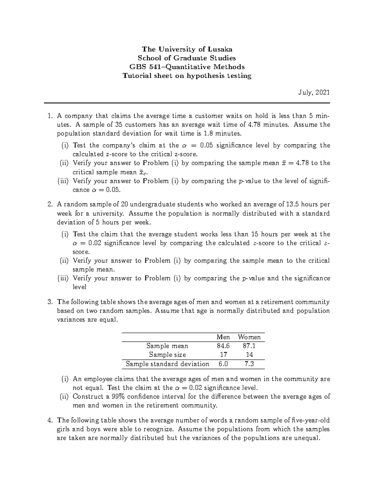 Hypothesis-testing - Tutorial Questions - Quantitative Methods - Studocu