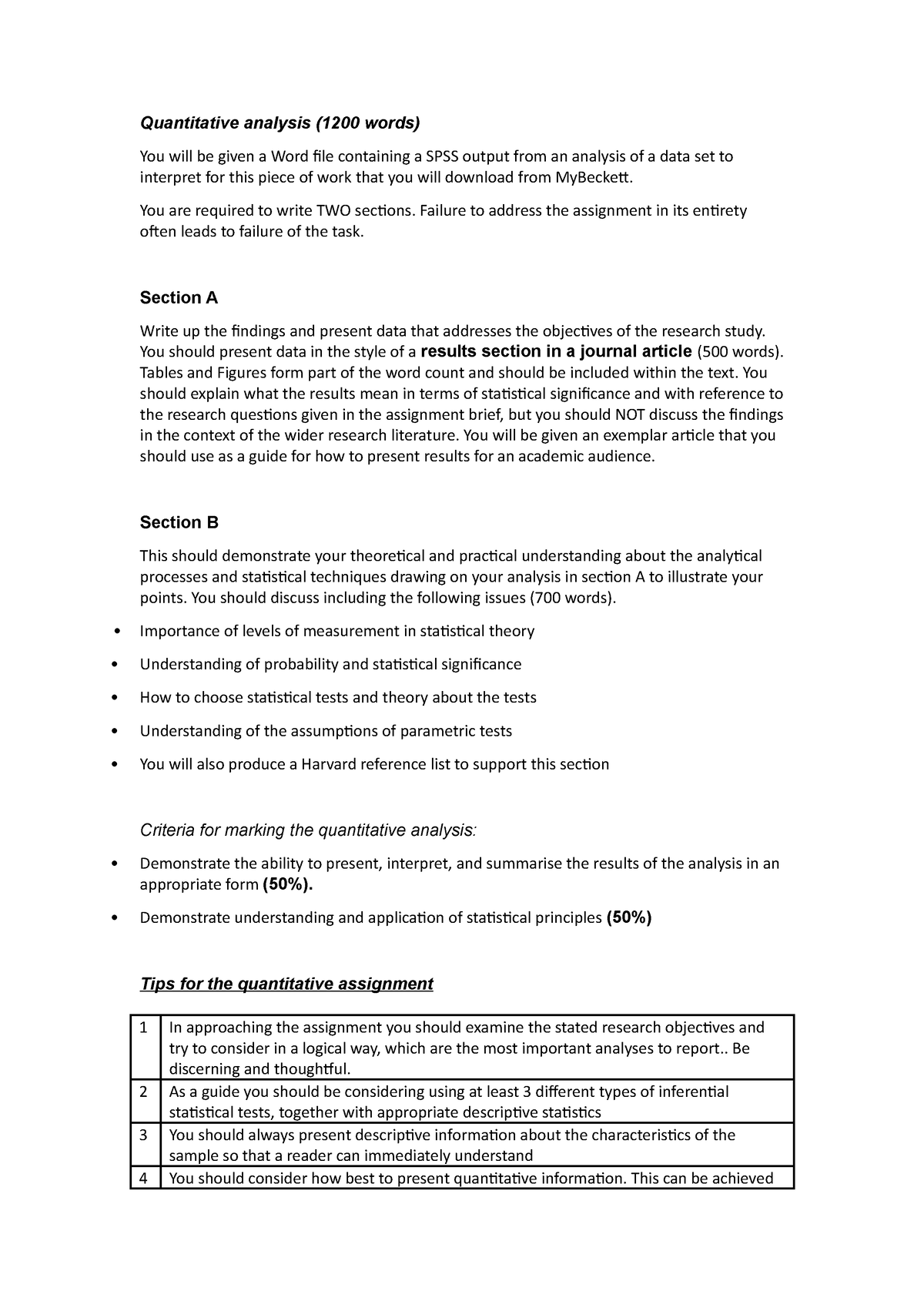 Quantative analysis brief - Quantitative analysis (1200 words) You will ...