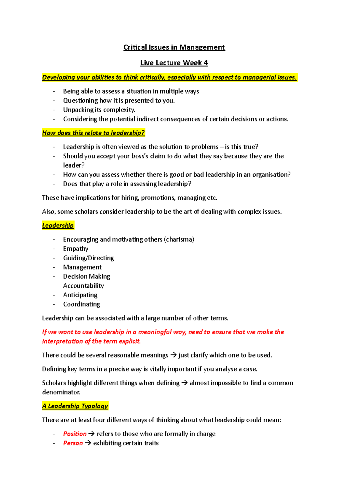 Lecture Week 4 - leadership - Critical Issues in Management Live ...