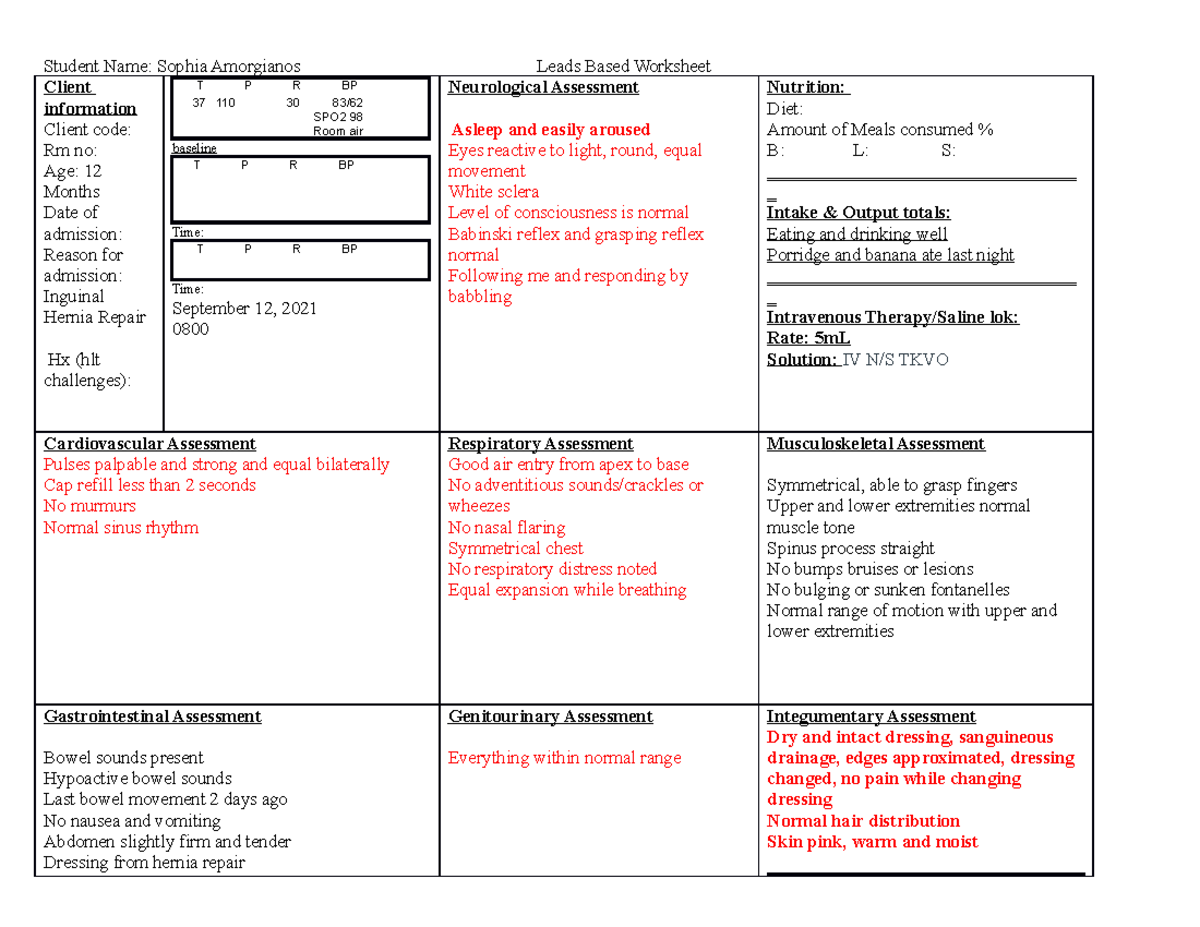 SIM 1 PEDS worksheet - Lecture notes simulation - Student Name: Sophia ...