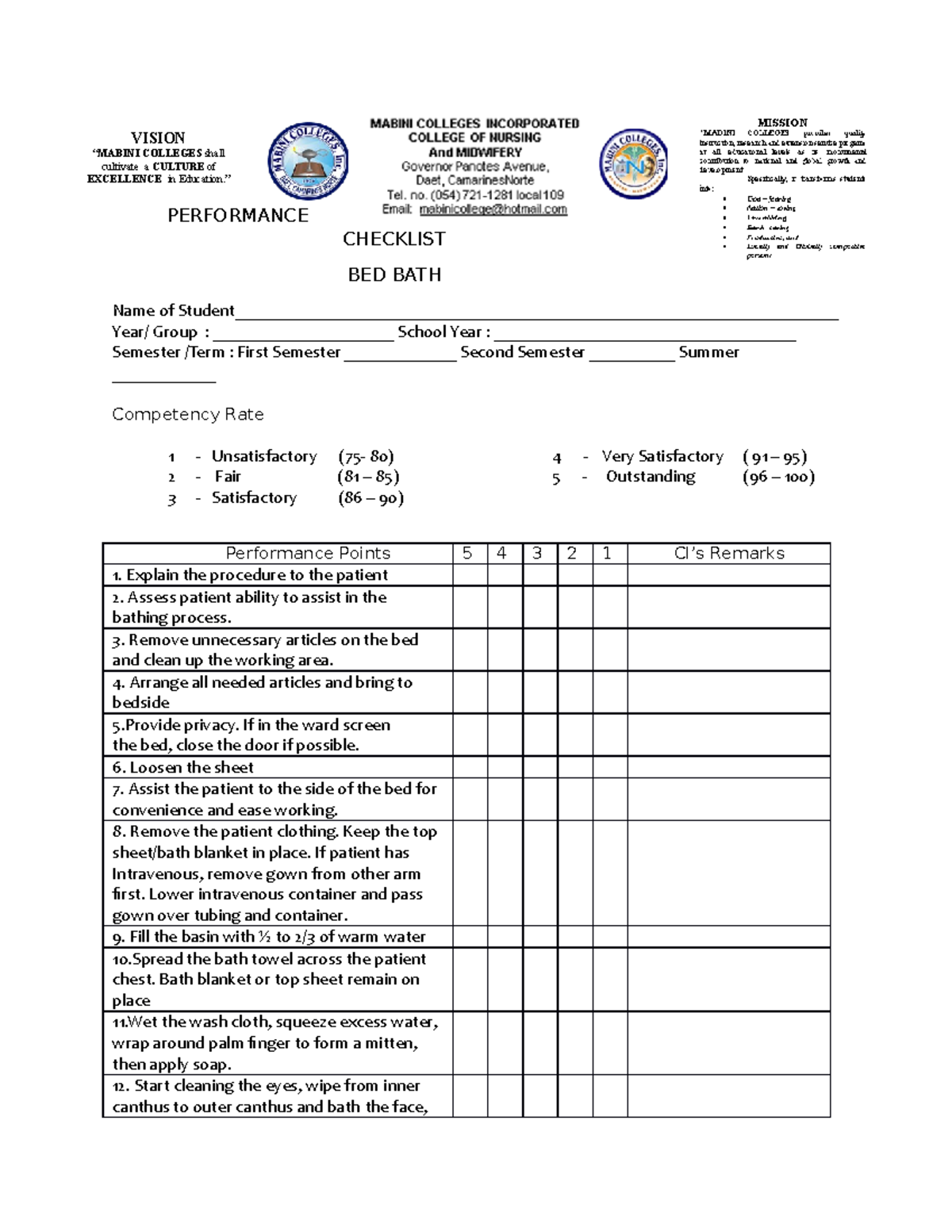 BED BATH Performance Checklist PERFORMANCE CHECKLIST BED BATH Name of