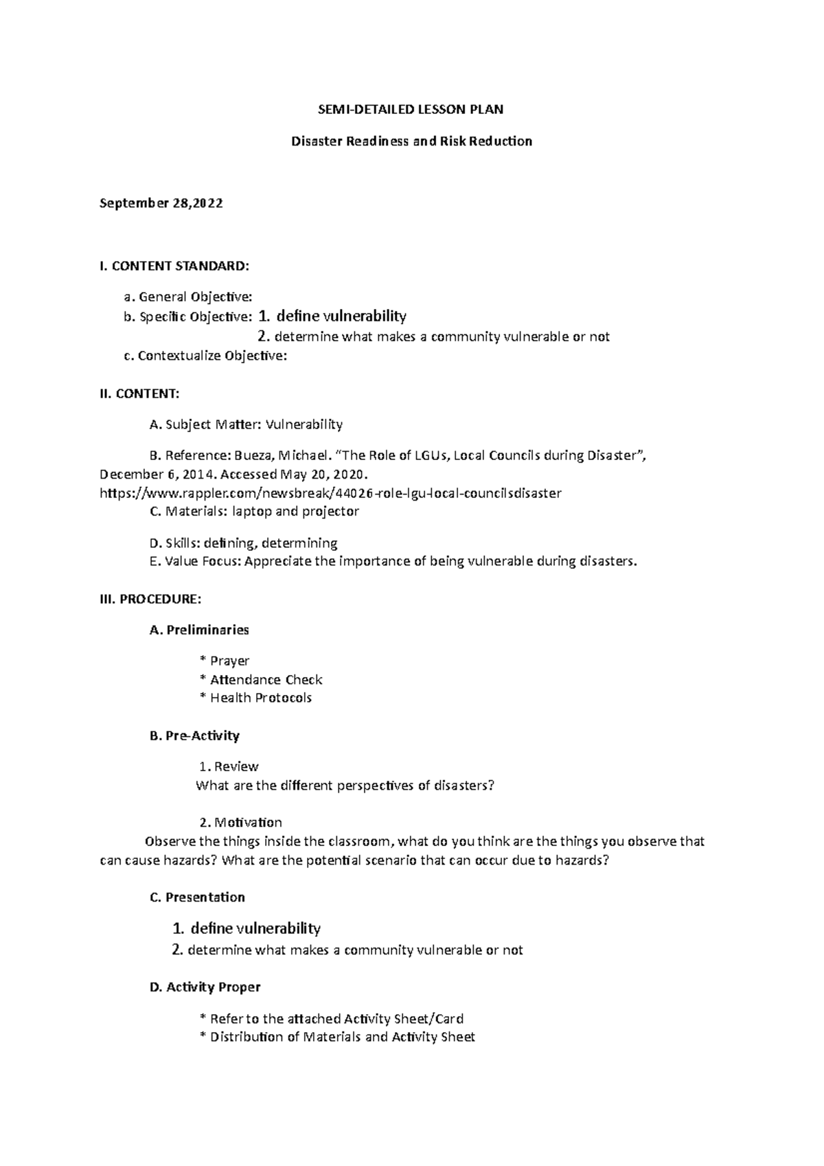 Semi-Detailed-Lesson-Plan DRRR 5 - SEMI-DETAILED LESSON PLAN Disaster ...