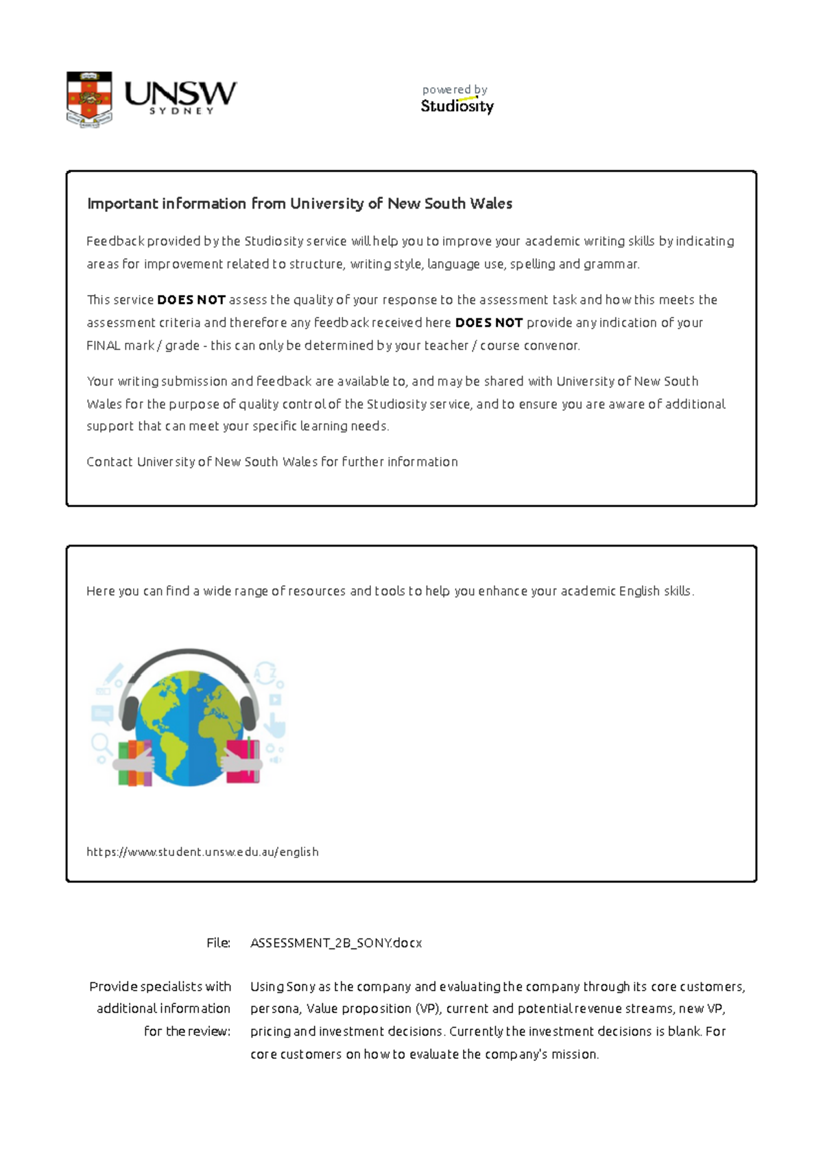 Studiosity Feedback 2B SONY - powered by Important information from ...