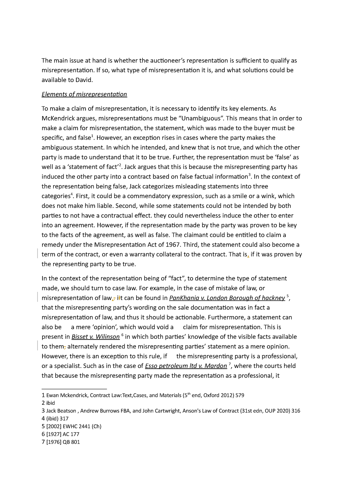 misrepresentation essay contract law