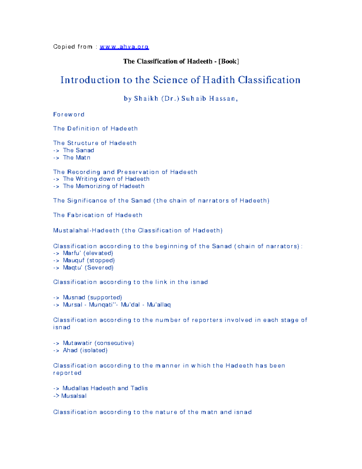 Hadith Classification - ) Suhaib Hassan, Foreword The Definition of ...
