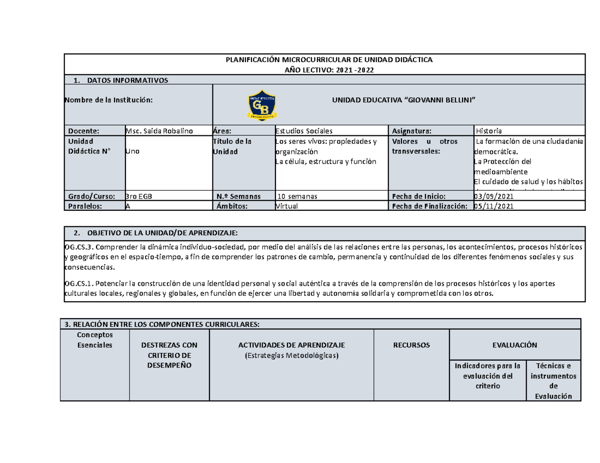 Historia 3RO BACH Parcial 3 - PLANIFICACIÓN MICROCURRICULAR DE UNIDAD ...