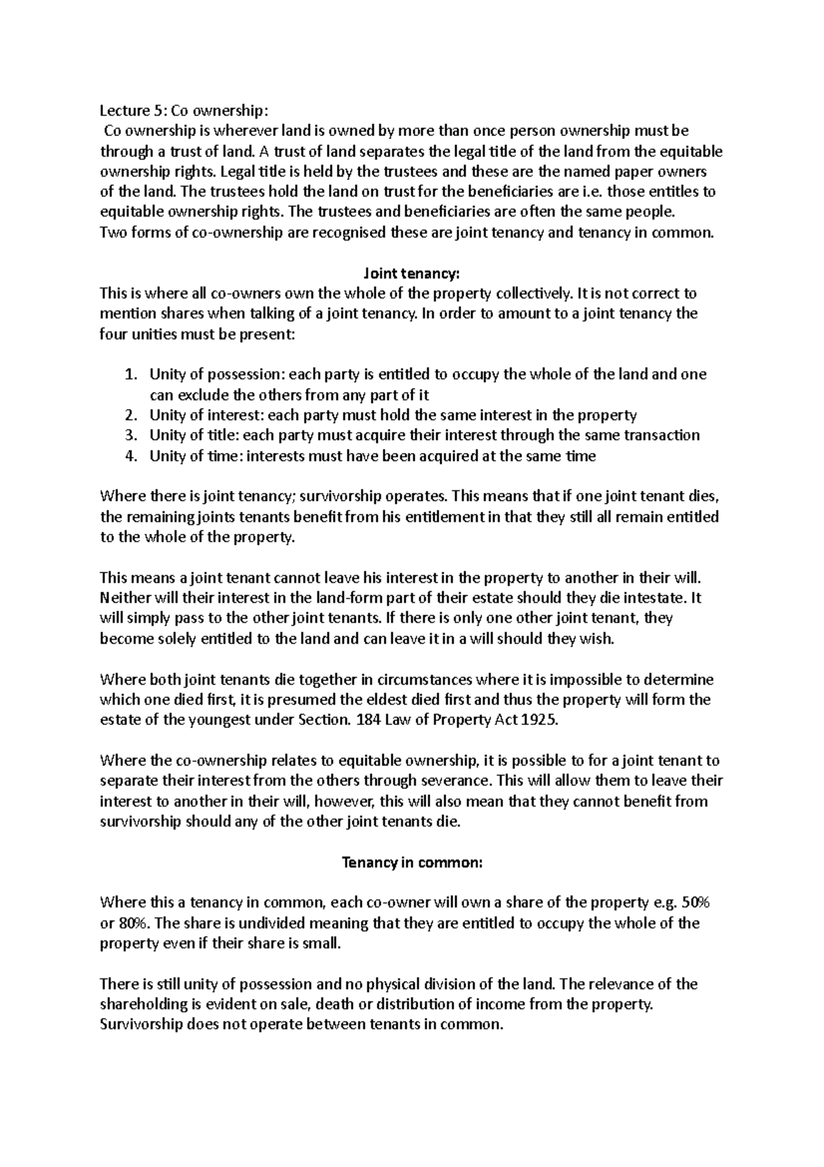 Lecture 5 - Land law - Lecture 5: Co ownership: Co ownership is ...