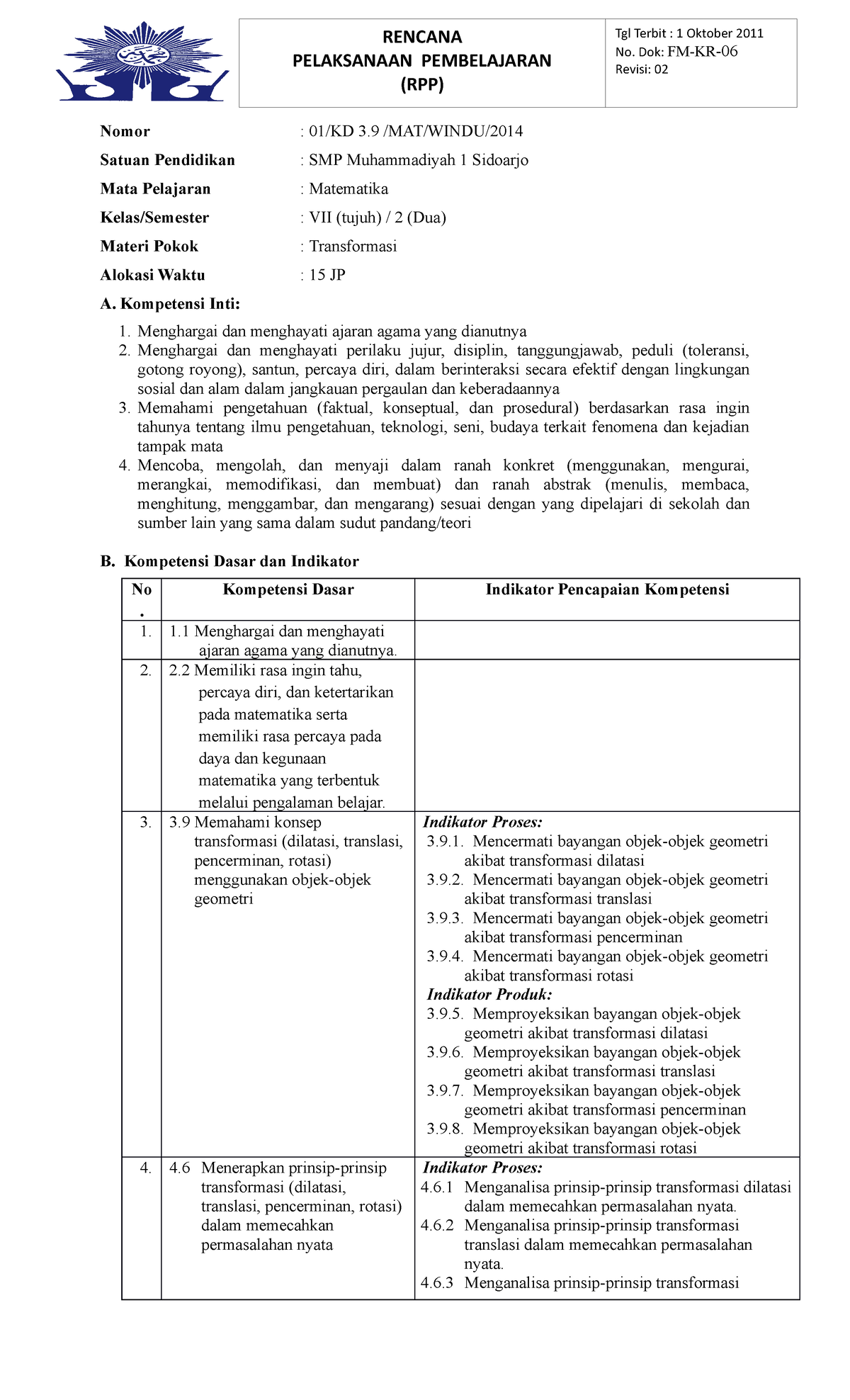 KD 3 - matematika SMP - RENCANA PELAKSANAAN PEMBELAJARAN (RPP) No. Dok ...