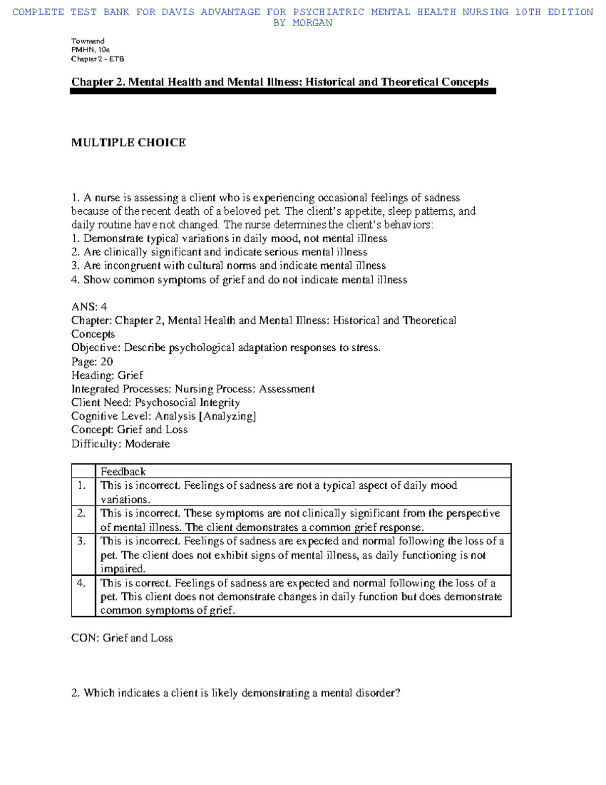 TESTBANK Test help Townsend PMHN, 10e Chapter 2 ETB Chapter 2