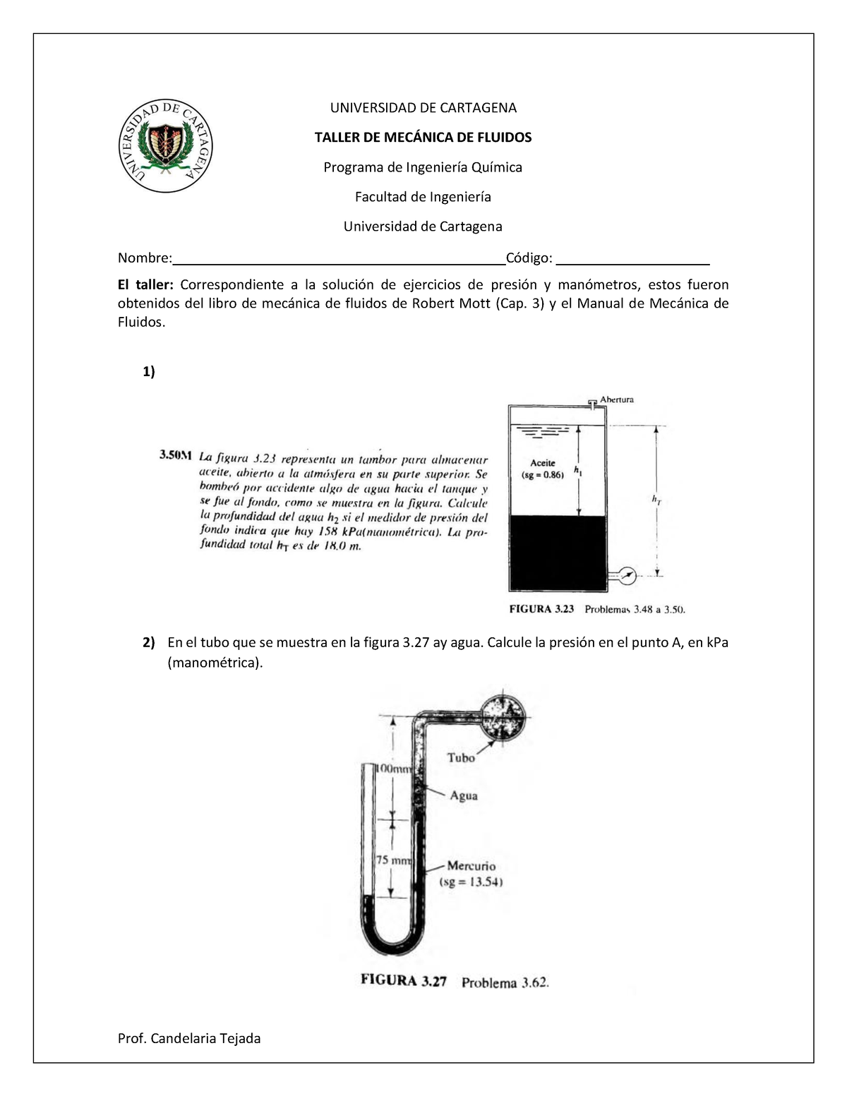 Taller #2 Manometros - Practica - Mecanica De Fluidos - Unicartagena ...