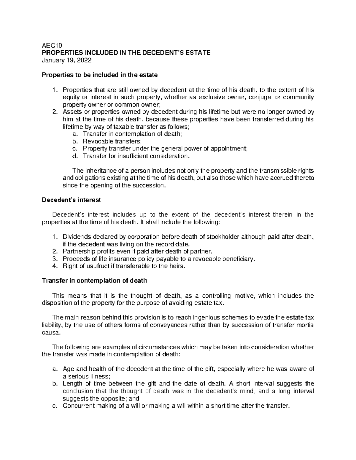 AEC10 LessonNo eeeeeee AEC PROPERTIES INCLUDED IN THE DECEDENT’S