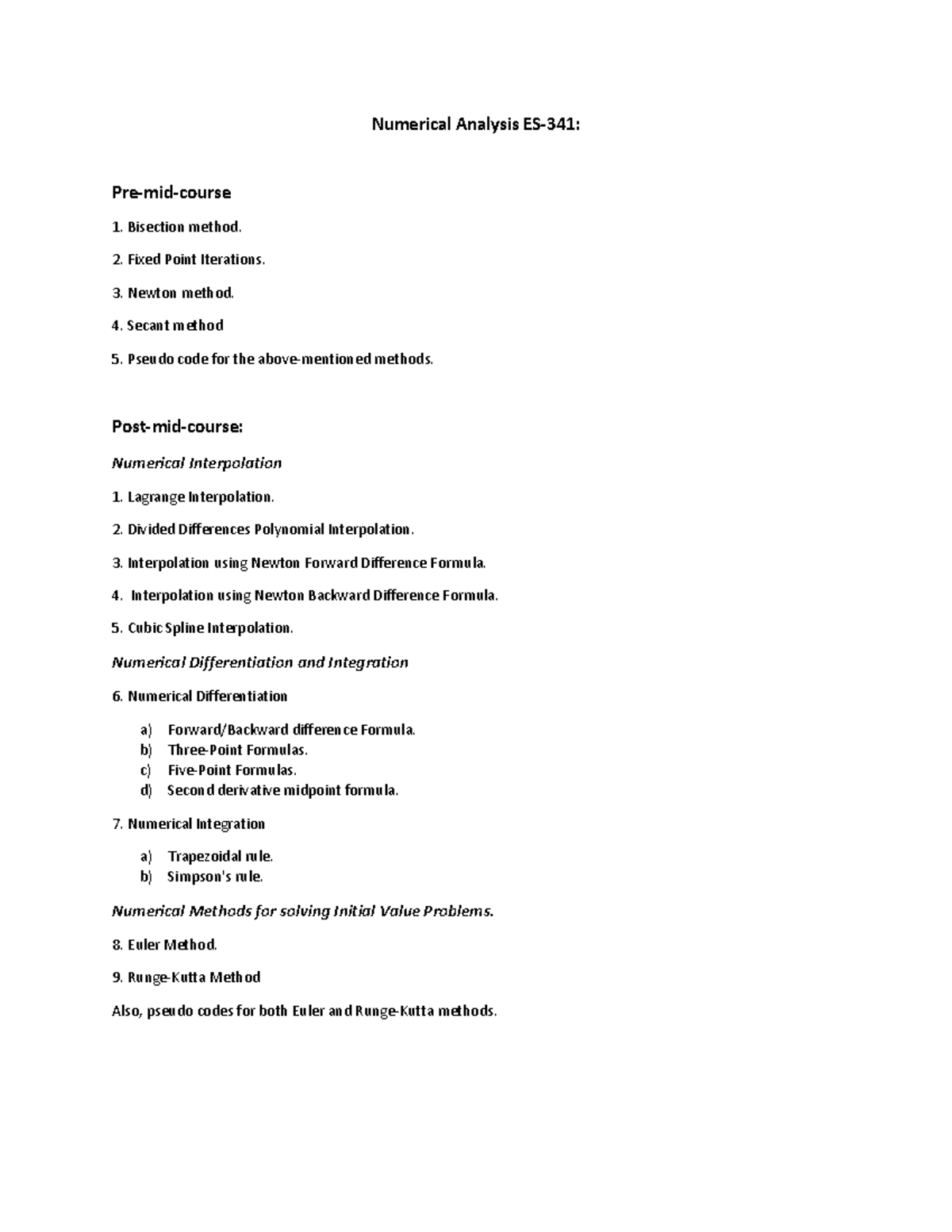 Numerical Analysis ES final course Numerical Analysis ES341 Premid