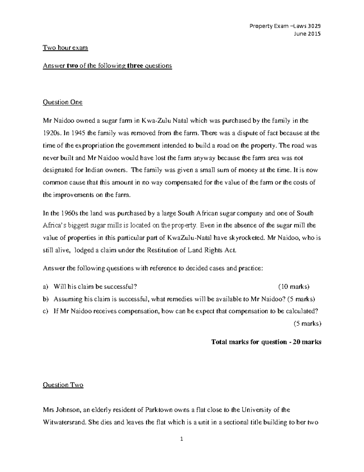 Property Law Past Exam June 2015 Wits University Studocu