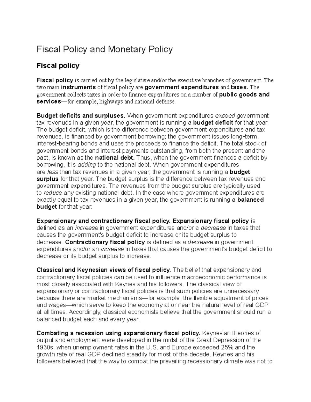 Fiscal Policy and Monetary Policy - The two main instruments of fiscal ...