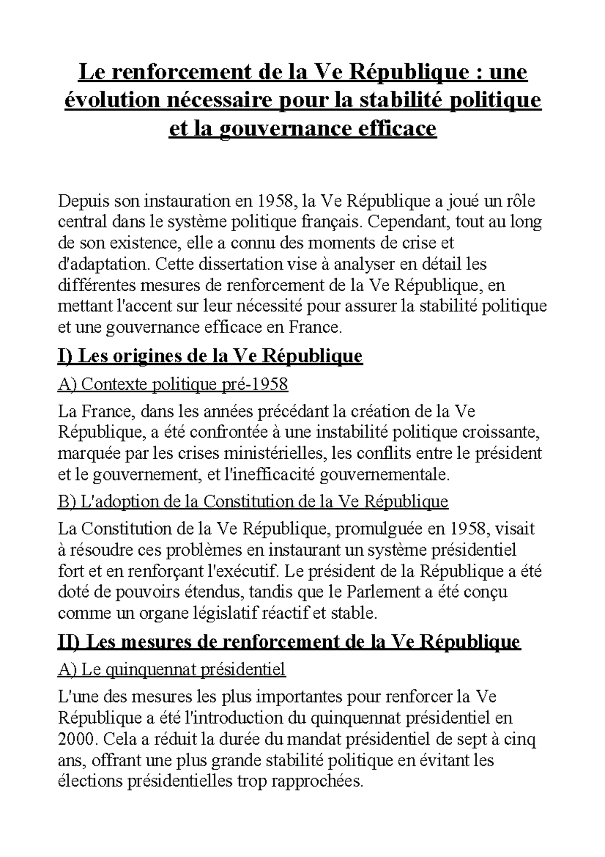 Le renforcement de la Vème République - Le renforcement de la Ve ...