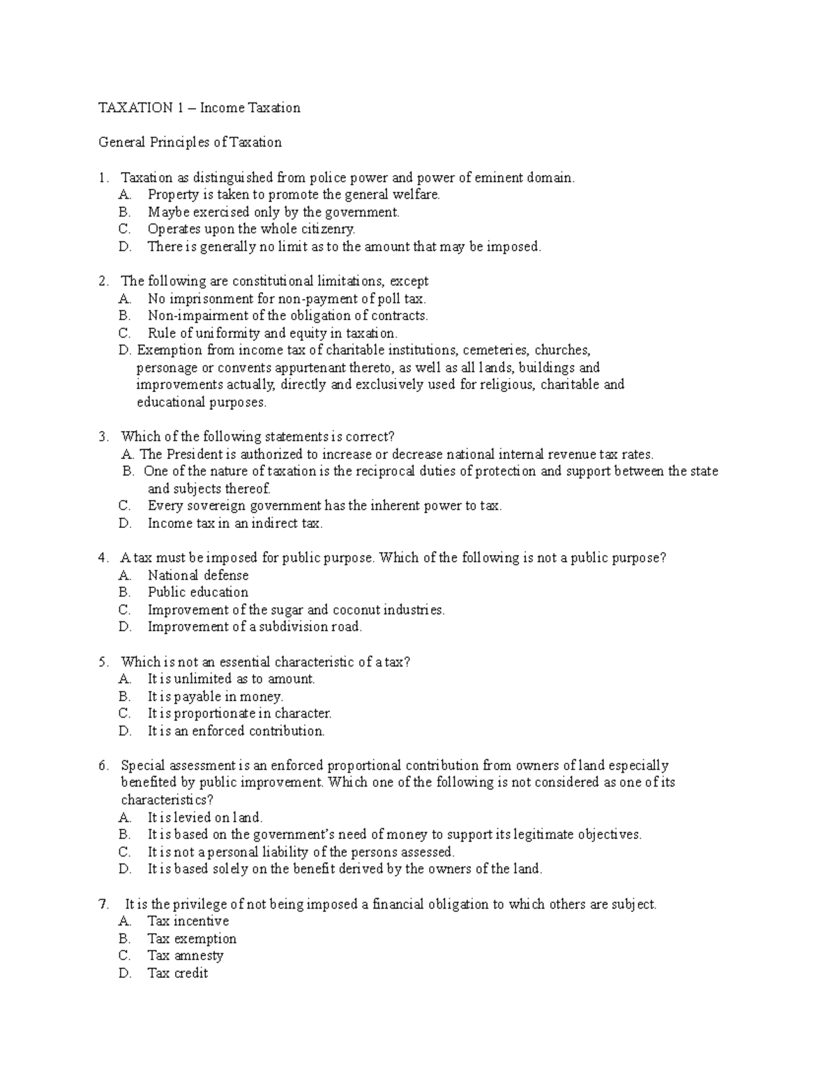 Taxation 1 Pointers Copy - Taxation 1 – Income Taxation General 