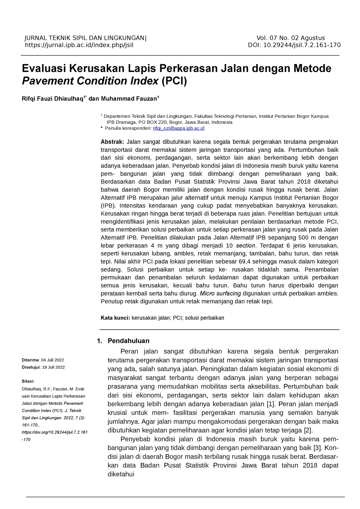 Evaluasi Kerusakan Lapis Perkerasan Jalan Dengan Metode Pavement ...