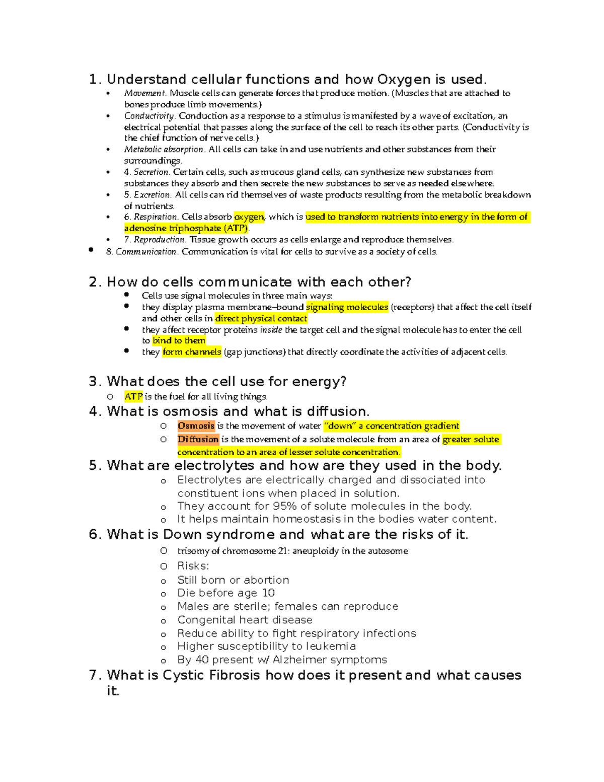 Health Alterations Exam 1 - 1 cellular functions and how Oxygen is used ...