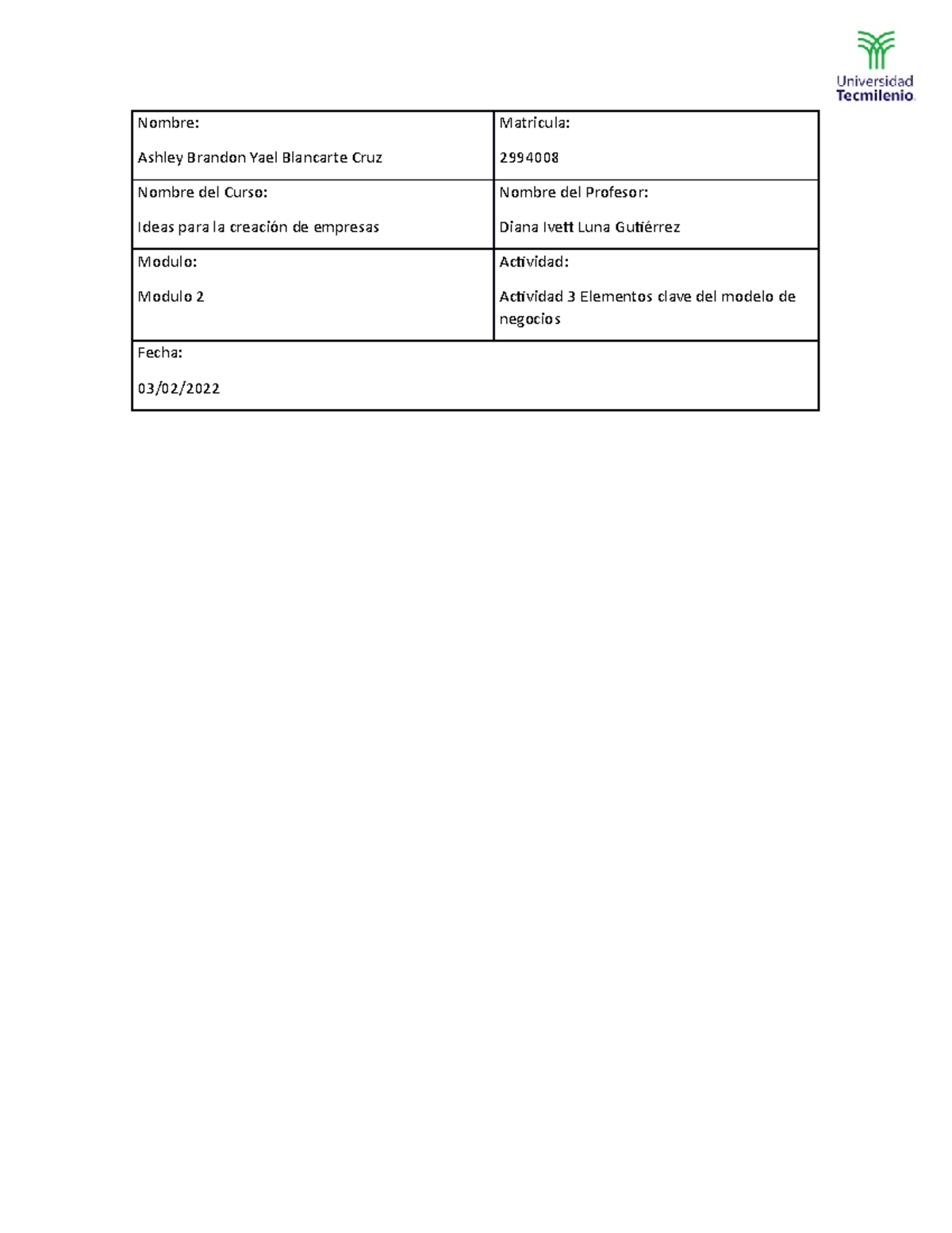 Actividad 3 Ideas para la creacion de empresas - Nombre: Ashley Brandon ...