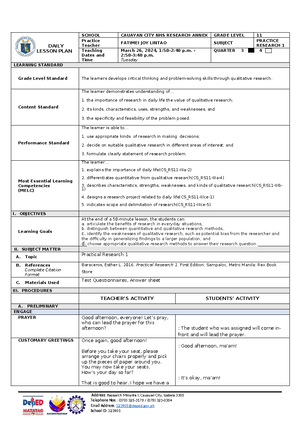 DLP-PRACTICAL RESEARCH 1 - DAILY LESSON PLAN SCHOOL CAUAYAN CITY NHS ...