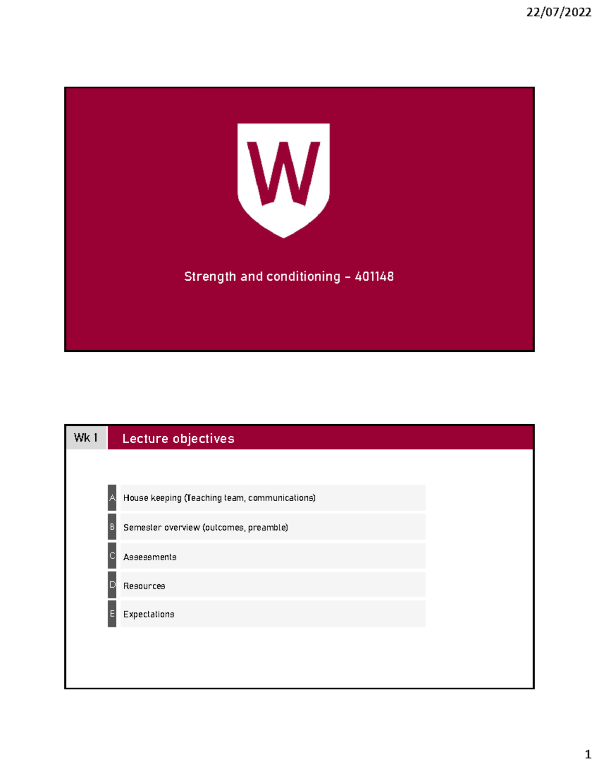Wk 1 - Lecture - Strength and conditioning - 401148 Wk 1 Lecture ...