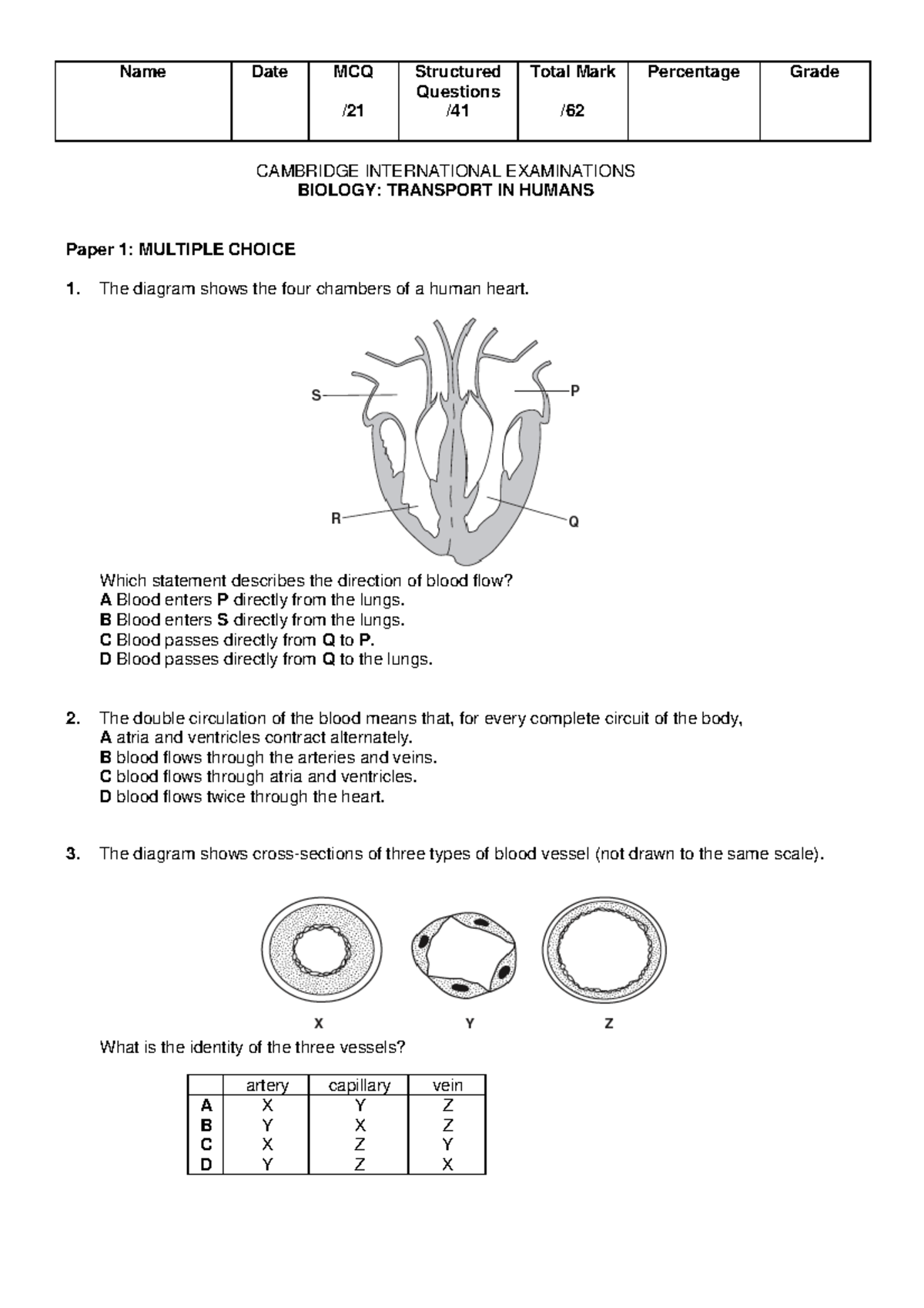 Year 10 Transport in Humans test - Name Date MCQ / Structured Questions ...