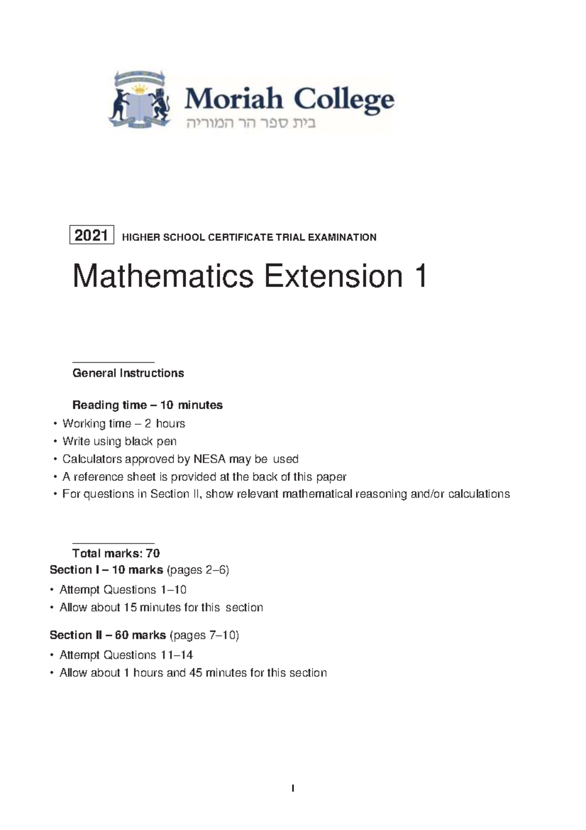 2021 Moriah Extension 1 Mathematics Trial - HIGHER SCHOOL CERTIFICATE ...