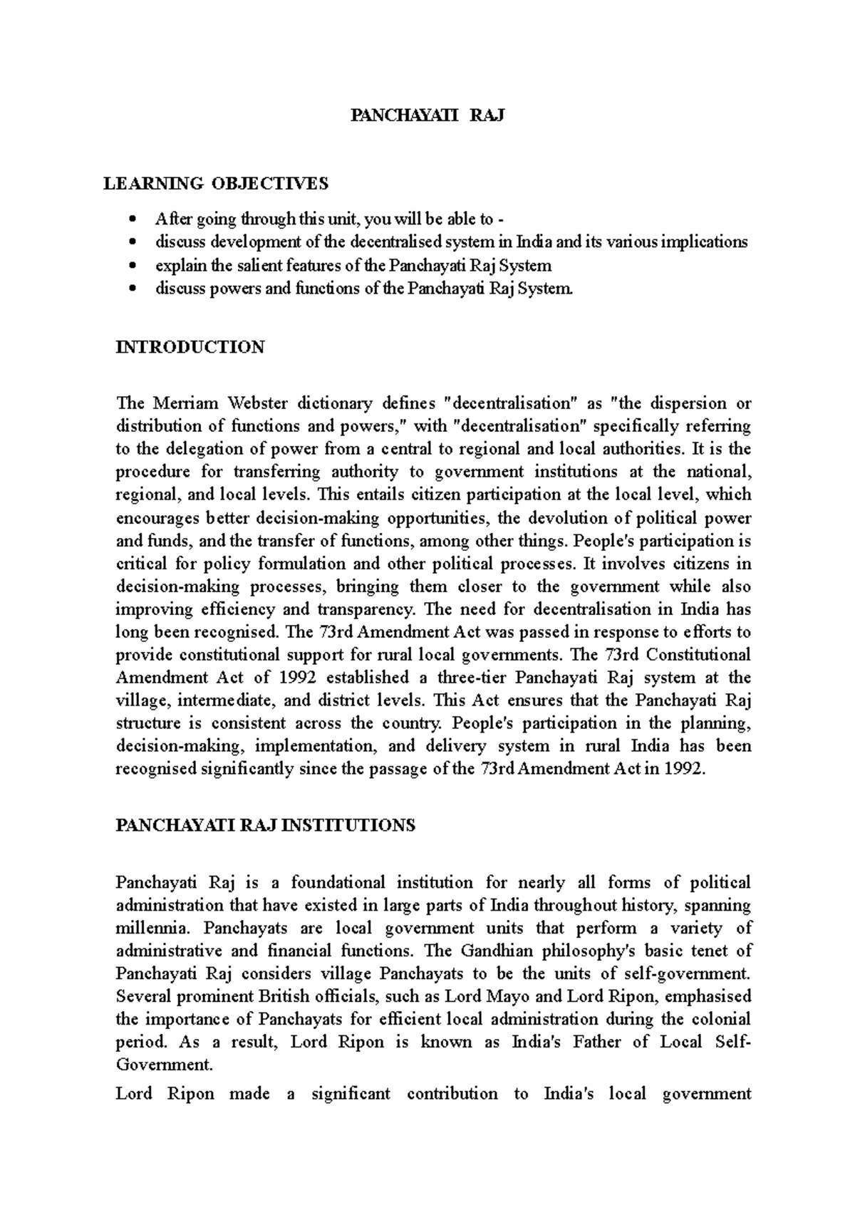 Panchayati RAJ - Lecture notes 6 - PANCHAYATI RAJ LEARNING OBJECTIVES ...