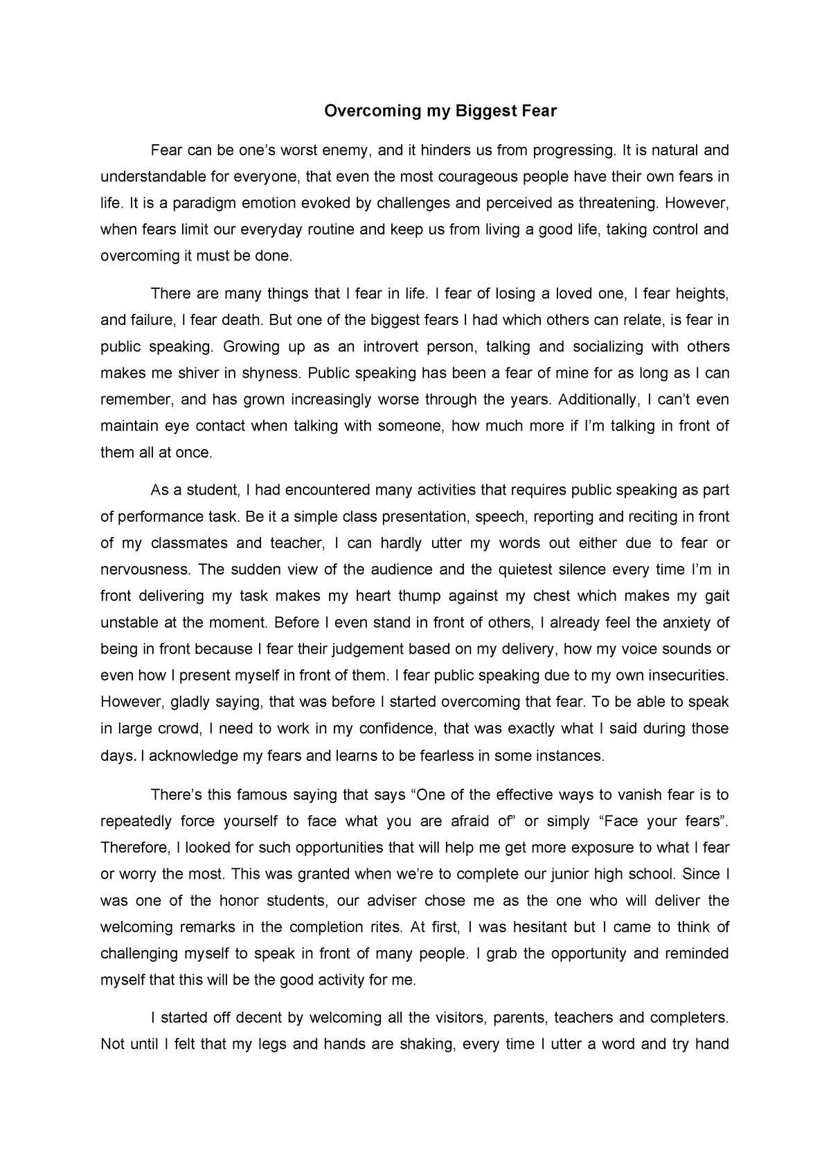 college essay about overcoming fear