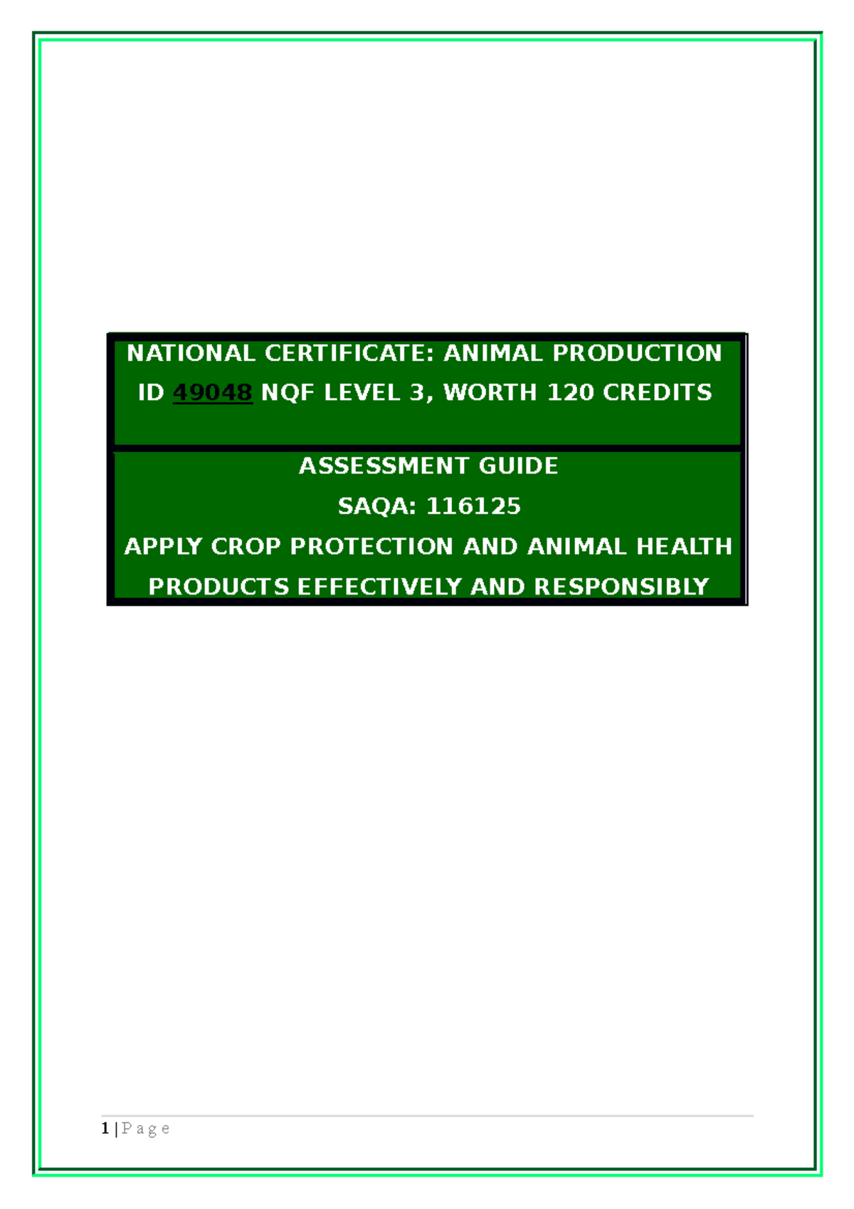 116216 - Assessment Guide - NATIONAL CERTIFICATE: ANIMAL PRODUCTION ID ...