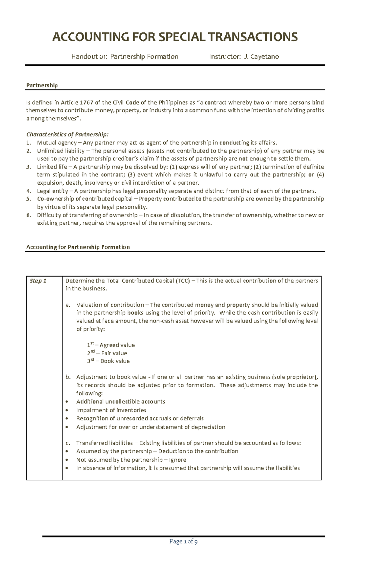 AFAR 01 Partnership Formation - ACCOUNTING FOR SPECIAL TRANSACTIONS ...