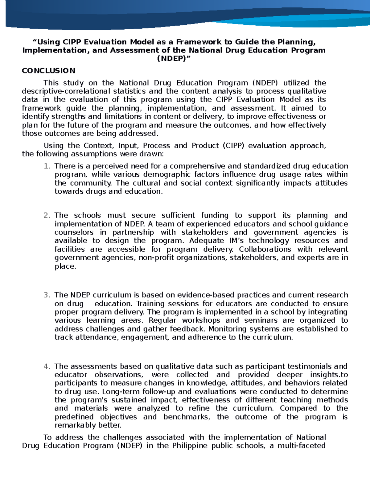 CIN 607 Conclusions CIPP Evaluation Model - “Using CIPP Evaluation ...