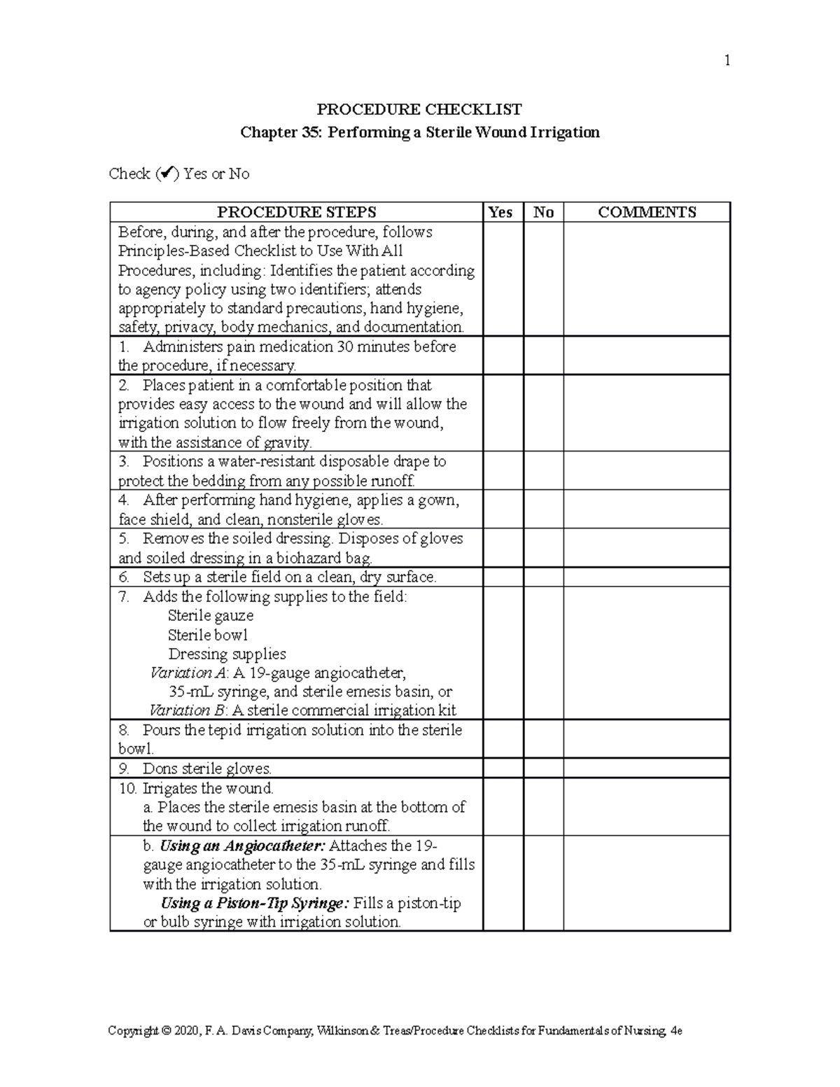 Performing a Sterile Wound Irrigation Chap 35 1 PROCEDURE CHECKLIST