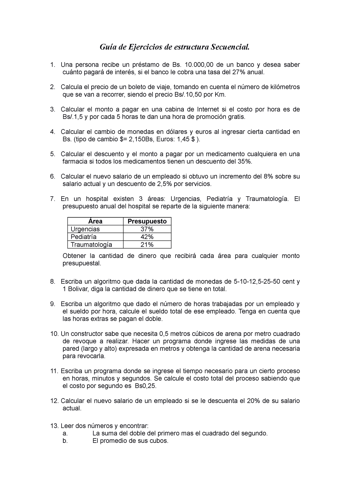 Ejercicios Estructura Secuencial - Guía De Ejercicios De Estructura ...