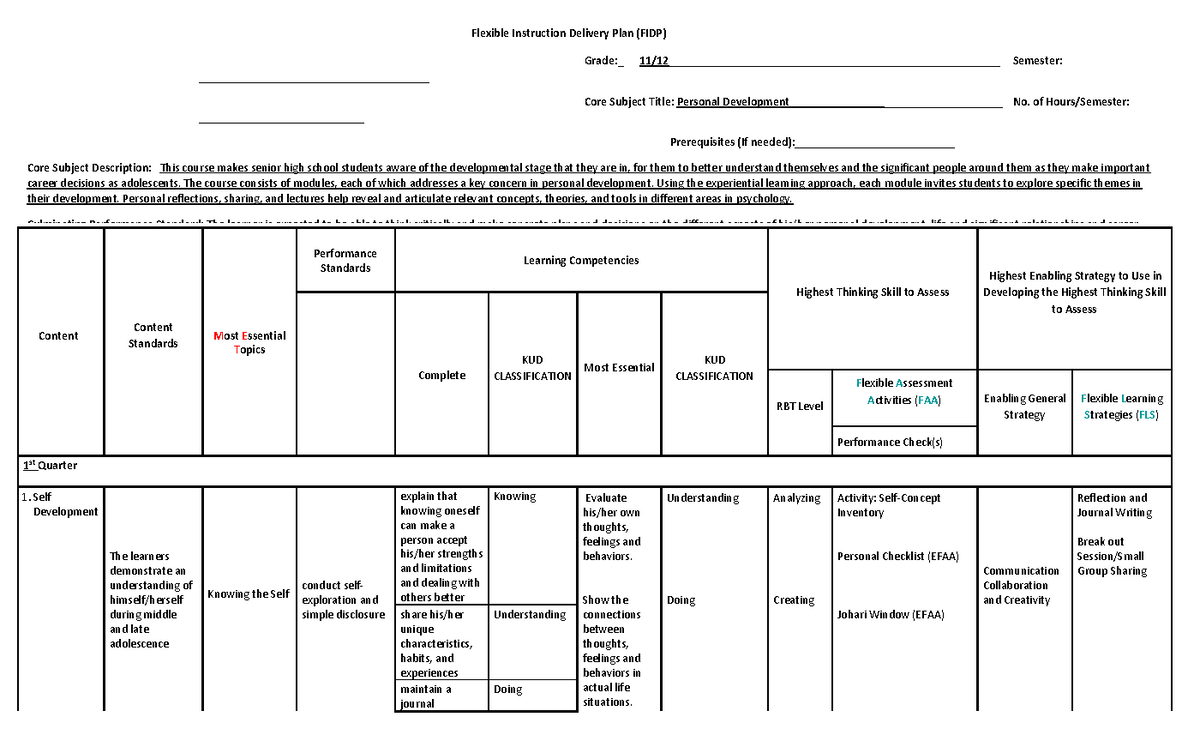 Part 2 Personal Development - Flexible Instruction Delivery Plan (FIDP ...