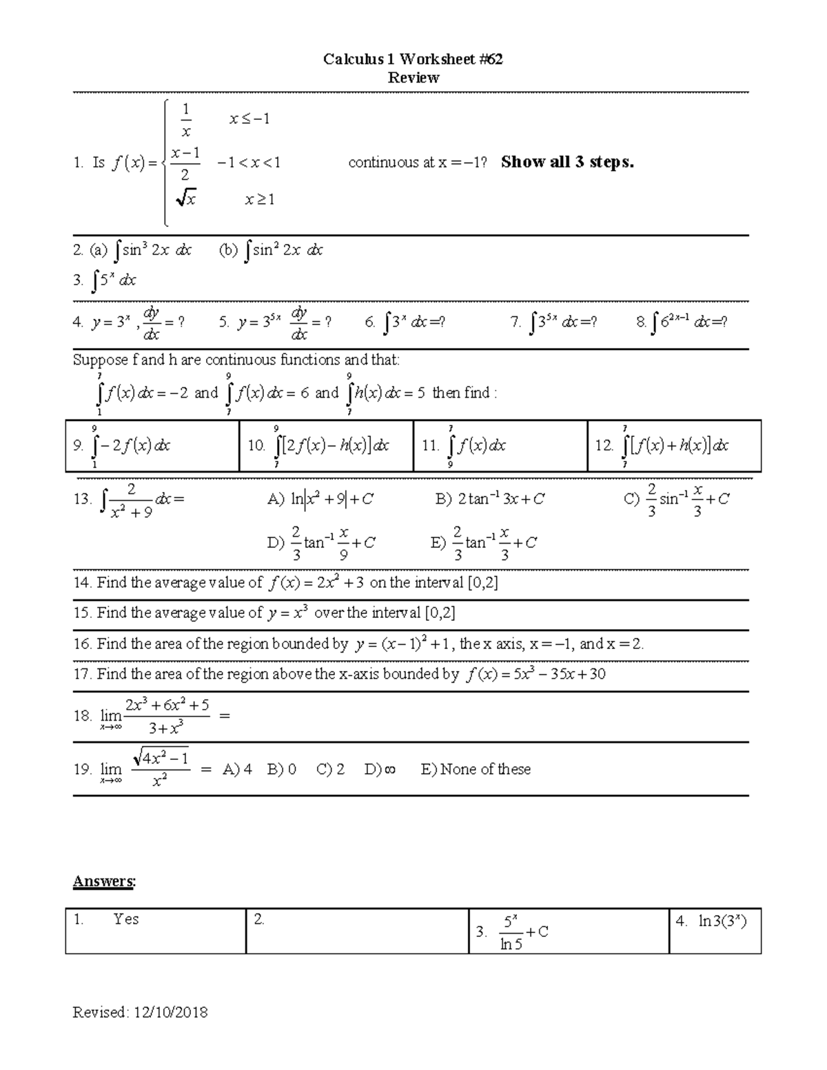 Ab Ws 062 Review Calculus 1 Worksheet Provided By Dr Meyers With Answers For Help Calculus 1