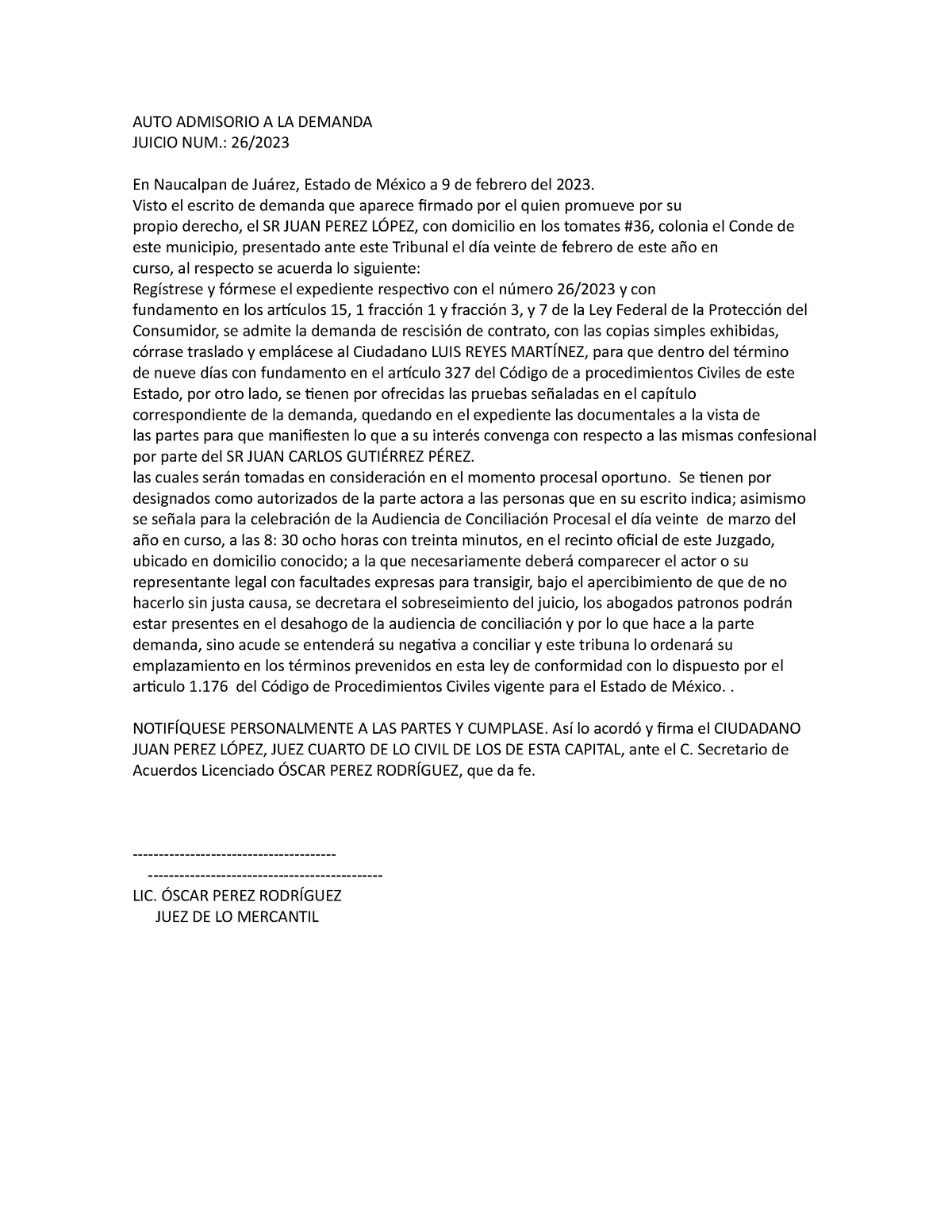 Admision de demanda - AUTO ADMISORIO A LA DEMANDA JUICIO NUM.: 26/ En ...