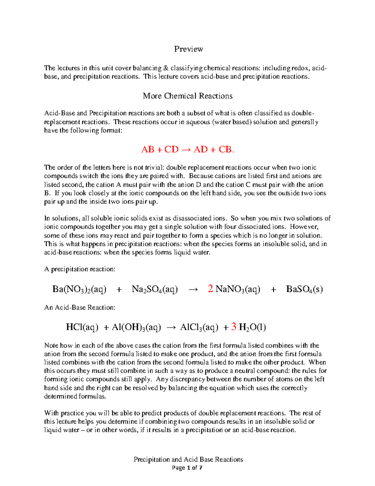 Chemical Reactions Lecture 3 More Chemical Reactions Precipitation