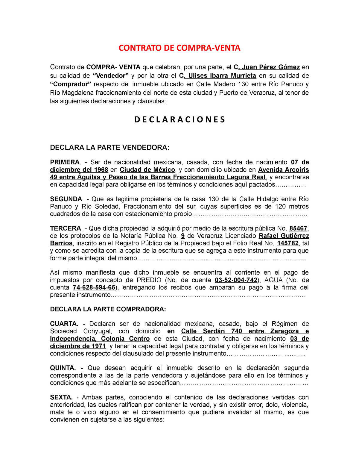 Ejemplo Contrato DE compra-venta - CONTRATO DE Contrato de VENTA que  celebran, por una parte, el C. - Studocu