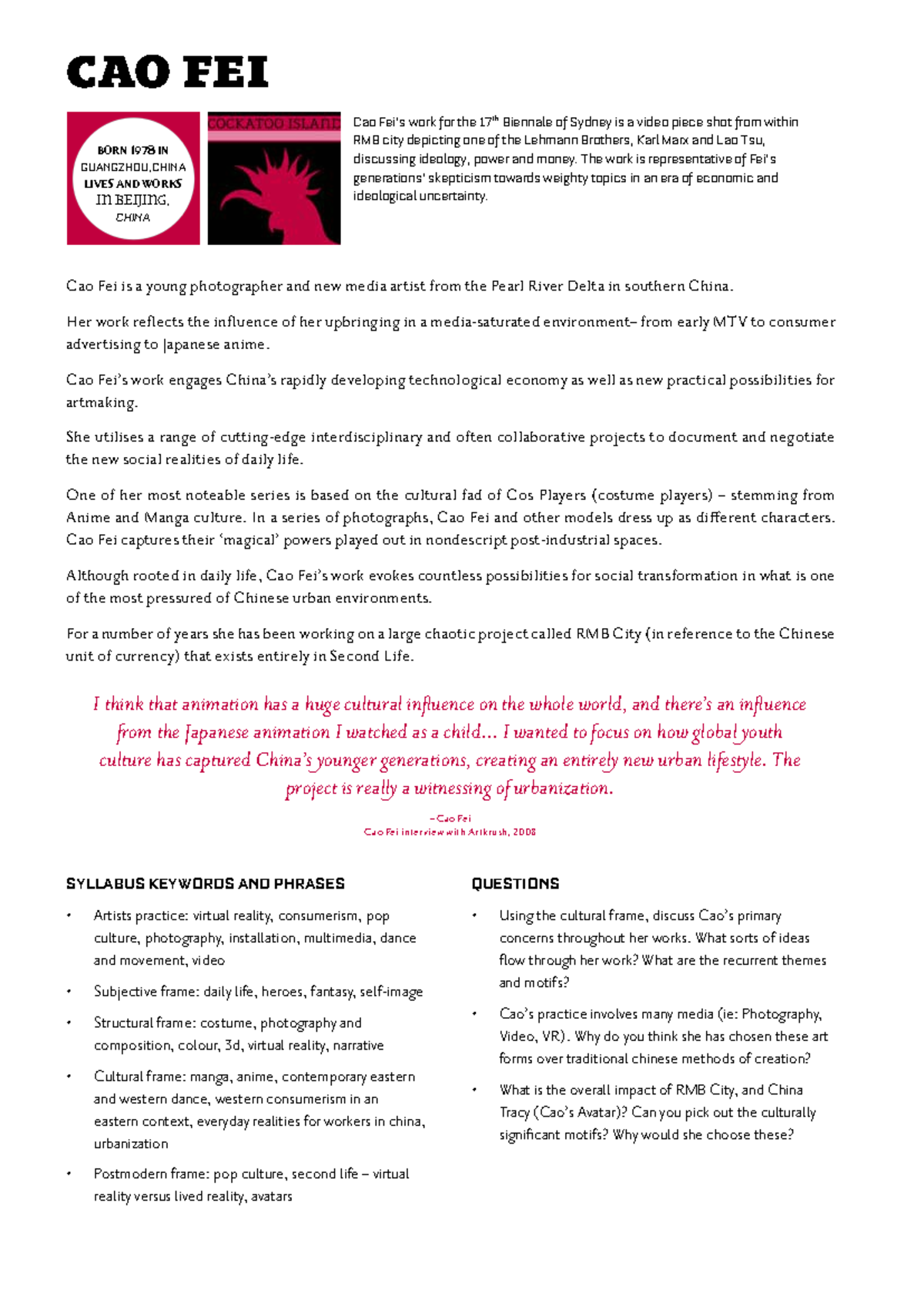 CAO FEI - calss notes on visual arts that can be used to help on your ...