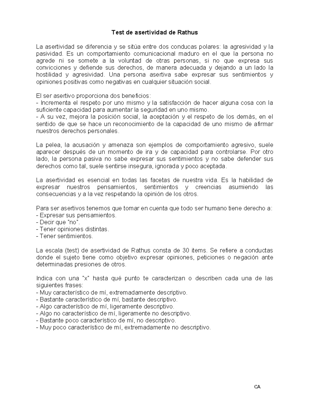 Test Asertividad de Rathus (manual) - Test de asertividad de Rathus La ...