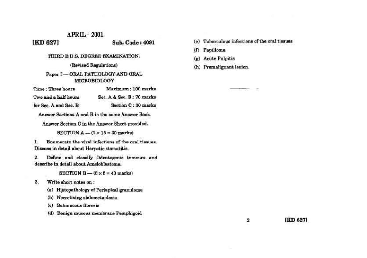 BDS Question Papers ORAL Pathology 2001 TO 2006 bachelor in dental