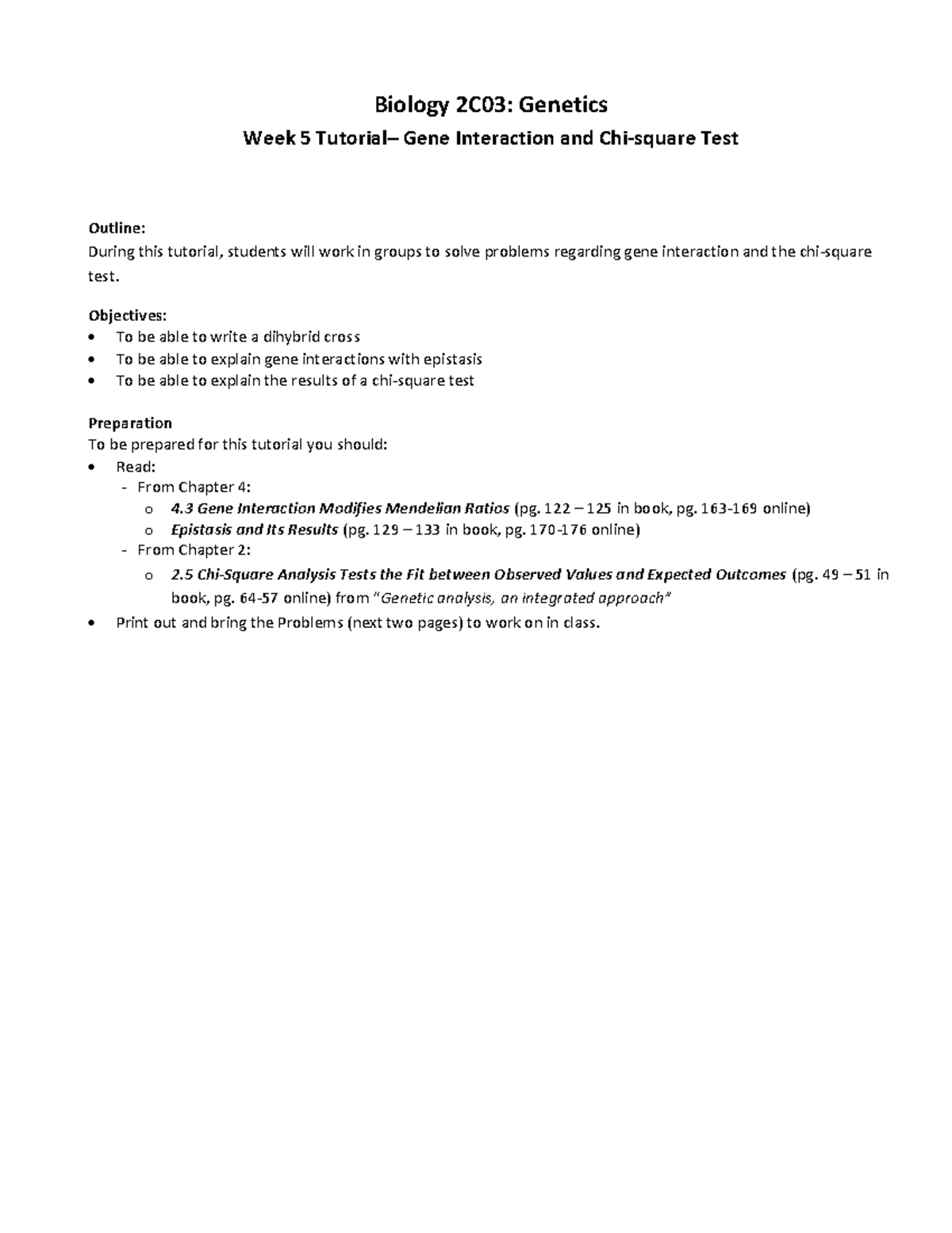 Week 5 Tutorial guide - Gene Interaction and epistasis - Biology 2C03 ...