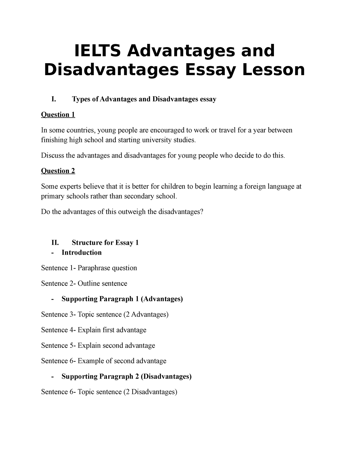 advantages and disadvantages essay lesson plan