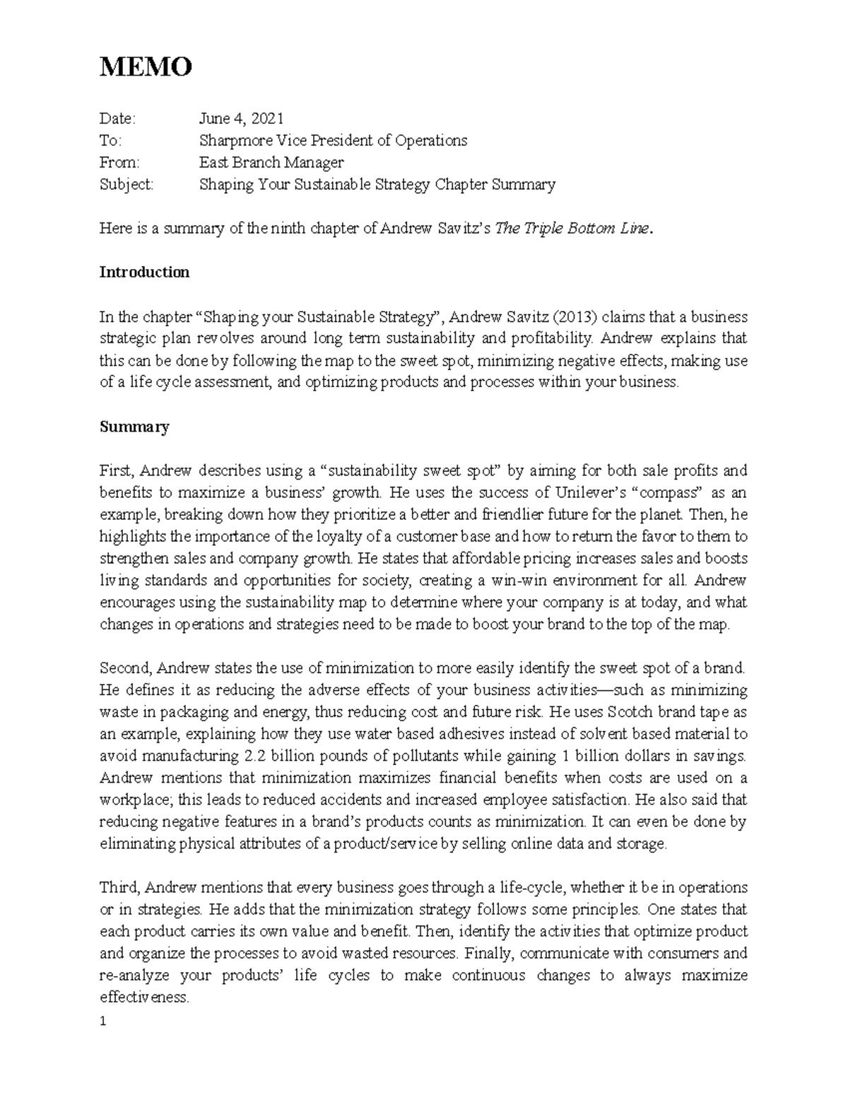 Summary report grade A - MEMO Date: June 4, 2021 To: Sharpmore Vice ...
