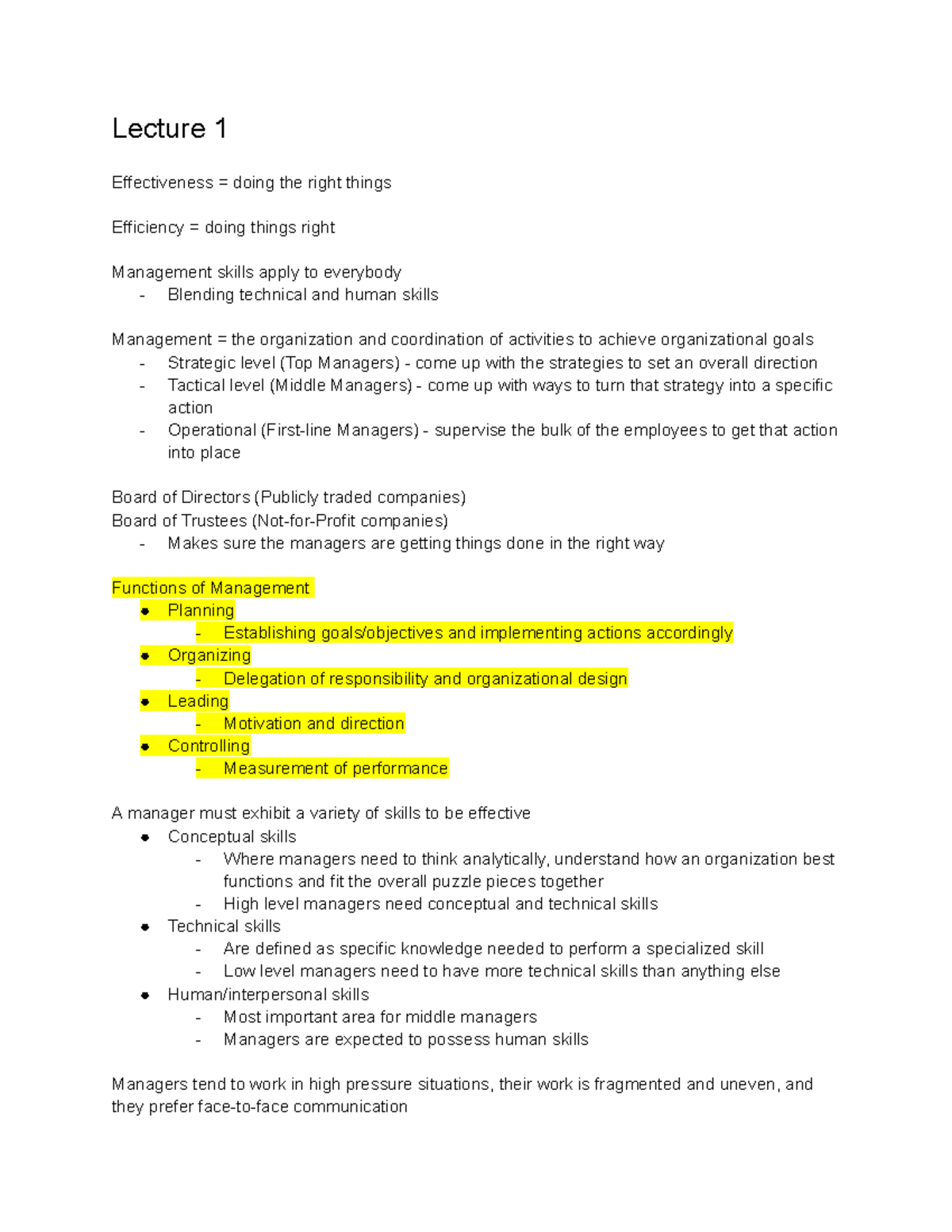 Management 3013 Lecture Notes - Lecture 1 Effectiveness = doing the ...