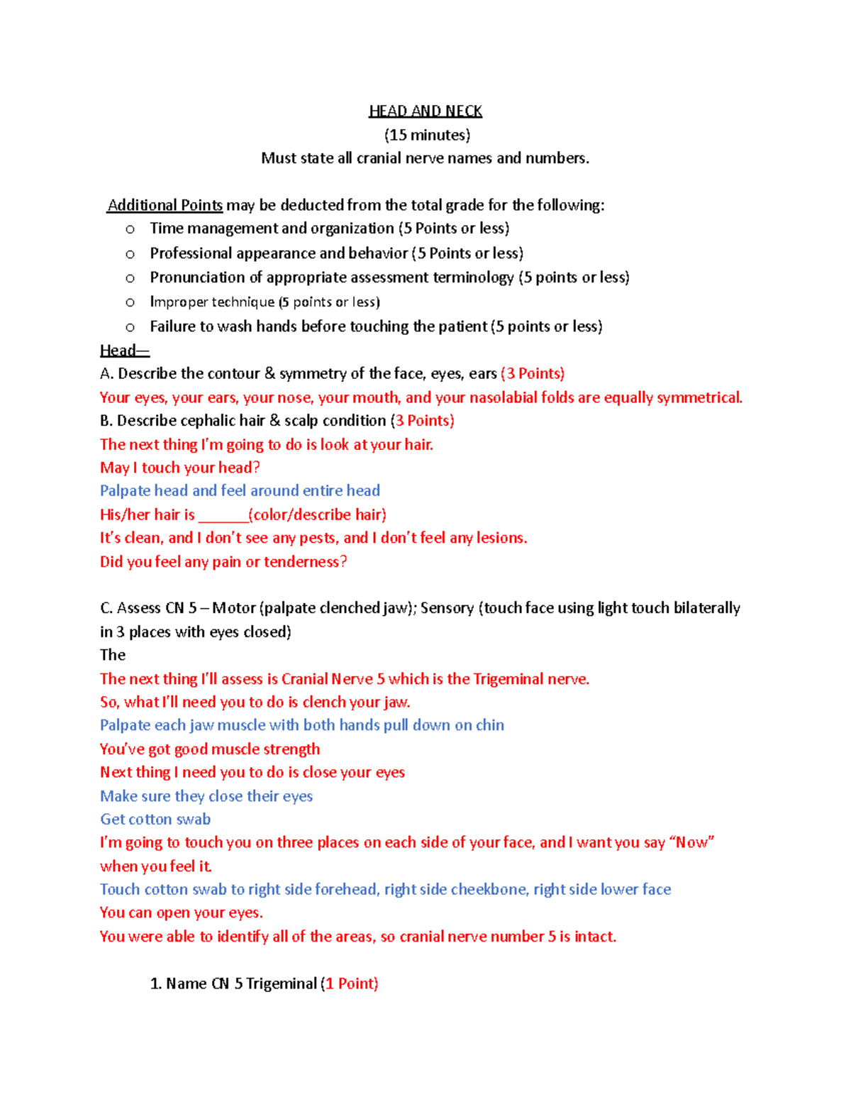 Head & Neck Script - HEAD AND NECK (15 minutes) Must state all cranial ...