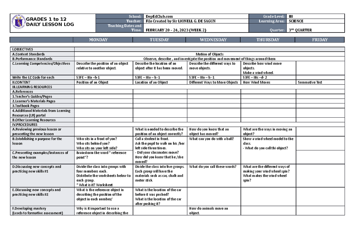 DLL Science 3 Q3 W2 - ... - GRADES 1 to 12 DAILY LESSON LOG School ...